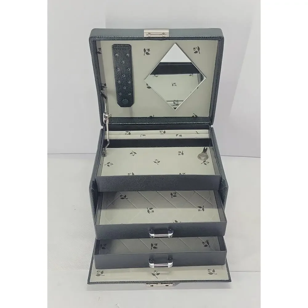 Dark Green Jewelry Box Mirror 2 Drawers Lock Key Carrying Case Organizer